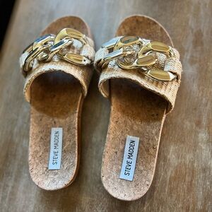 💜🩵 Steve Madden Delay Slide Sandal Cork Gold Chain Raffia Straw Summer Sandals